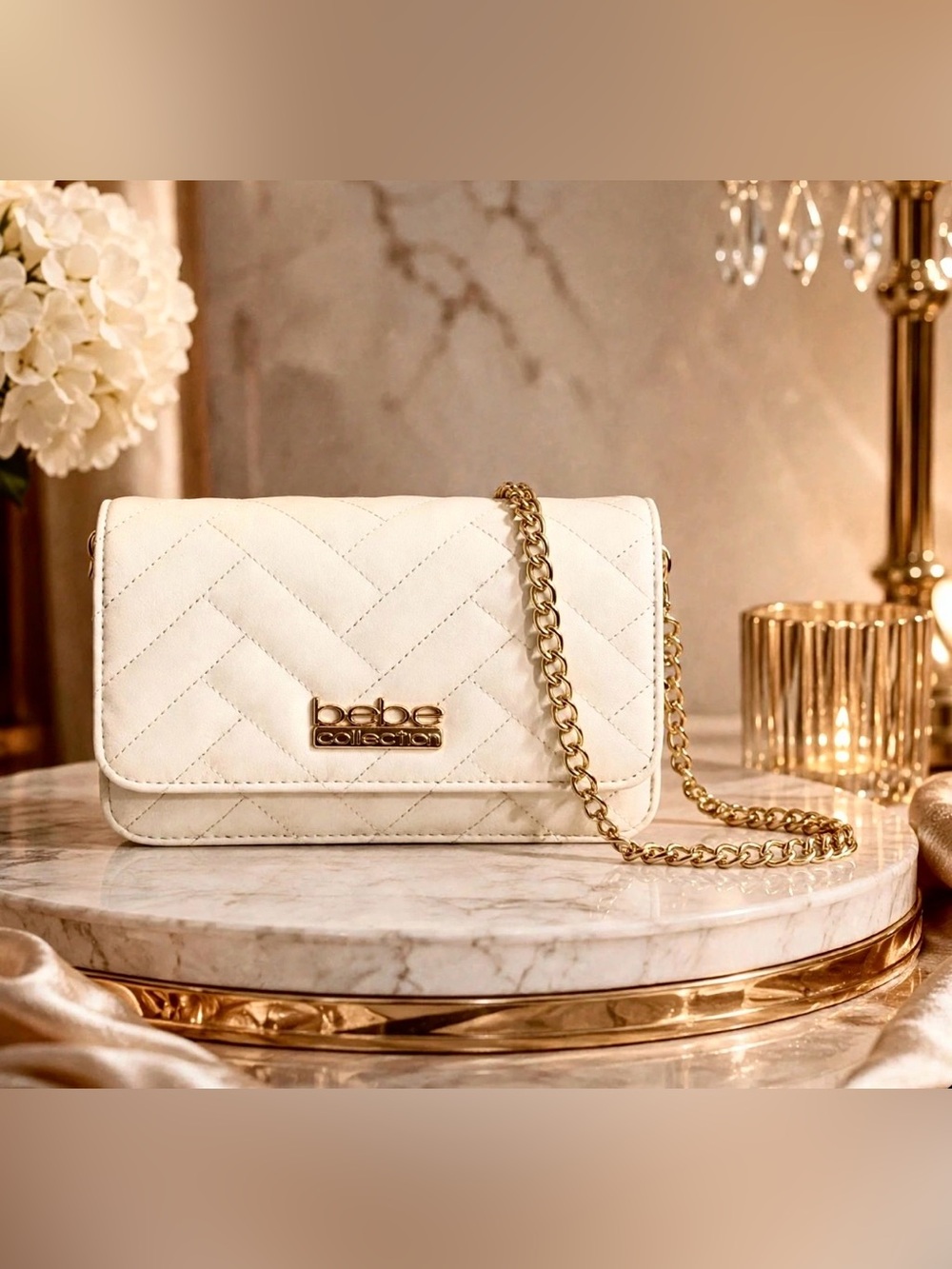 Bebe White Quilted Chevron Crossbody Bag With 22” Gold-Tone Chain Strap New